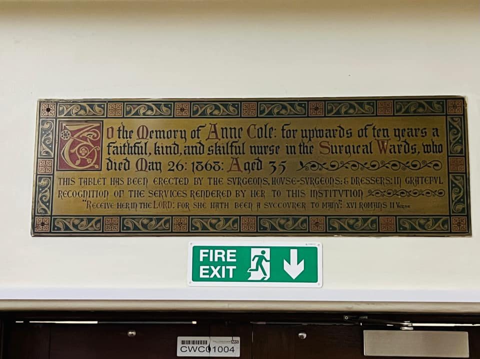 Anne Cole's memorial tablet, St Luke's Chapel, King's College Hospital, London (by Adrian Thomas) - 01.jpg